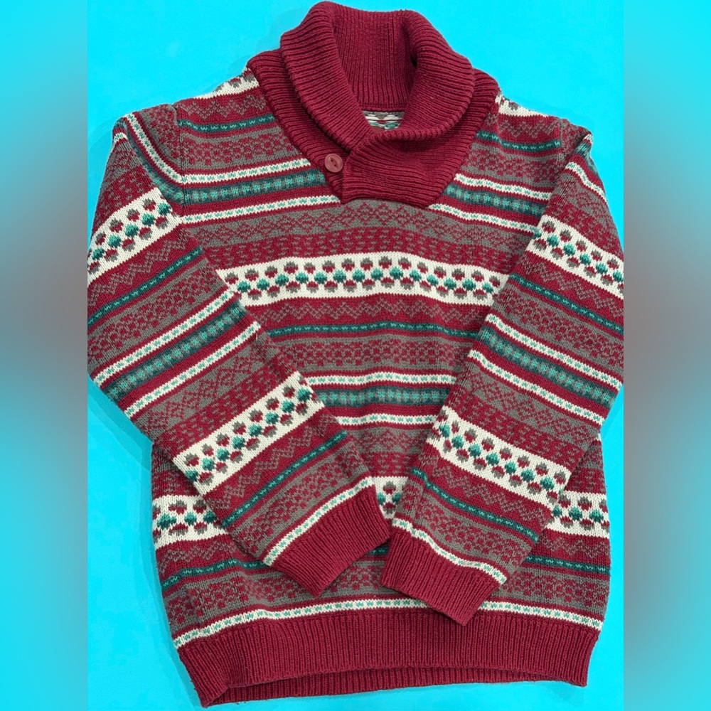 Tea Collection Red and Cream Fair Isle Shawl Collar Sweater